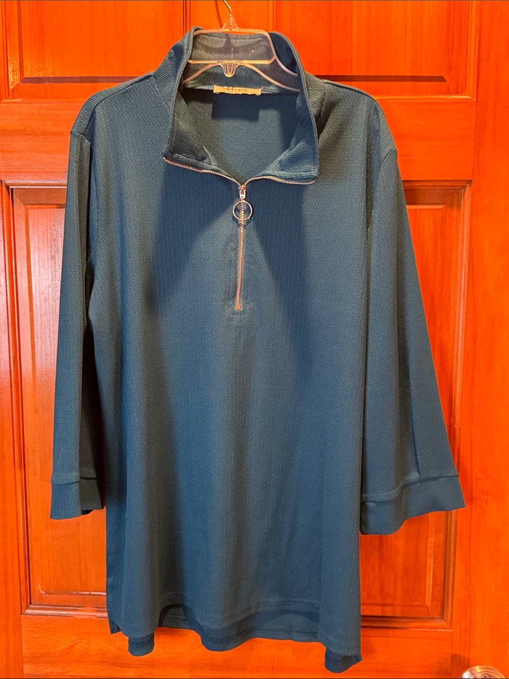 Vivilli Women’s Teal Quarter Zip 3/4 Ribbed Tunic Top Blouse Size XL
